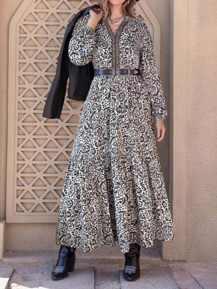 Printed Notched Long Sleeve Maxi Dress