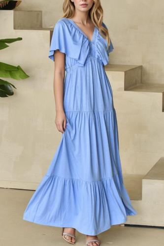Ruffled V Neck Flutter Sleeve Maxi Dress