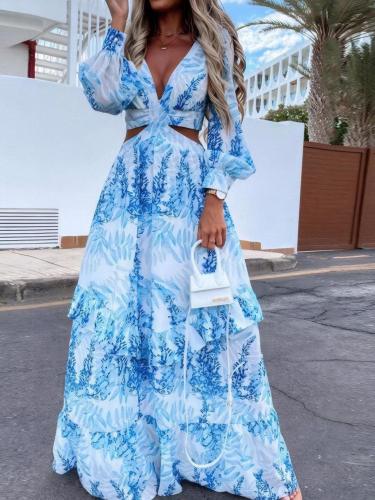Ruffled Printed Cutout Plunge Maxi Dress