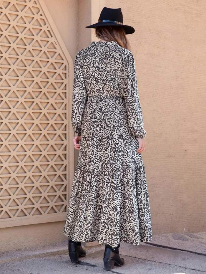 Printed Notched Long Sleeve Maxi Dress
