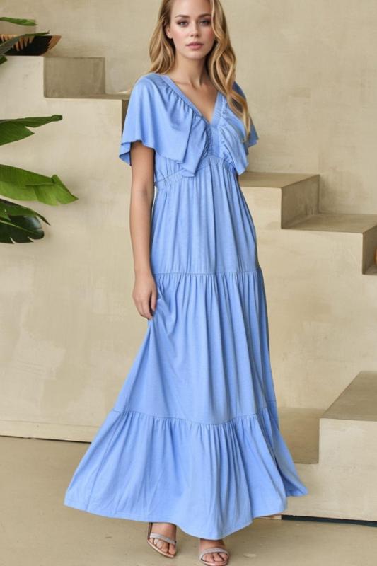 Ruffled V Neck Flutter Sleeve Maxi Dress