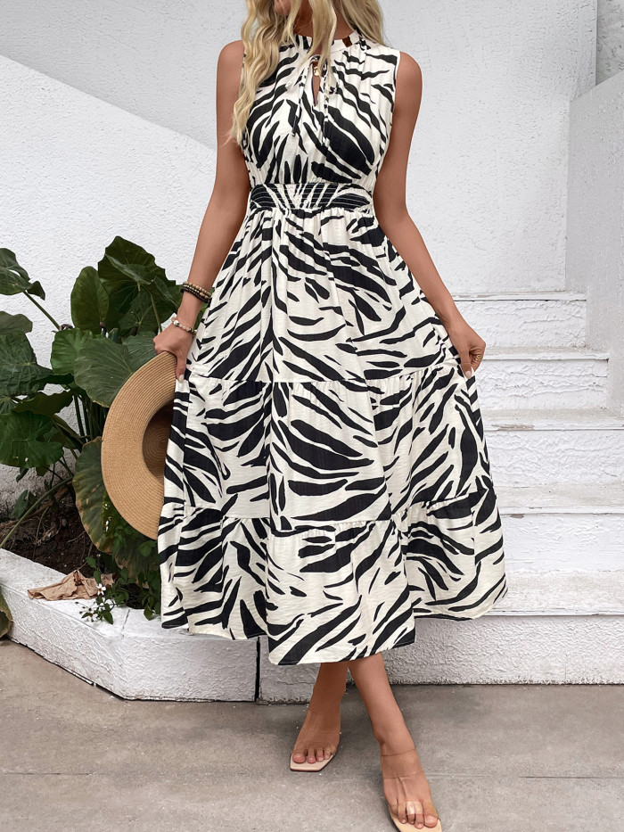 Women's Retro Printed Sleeveless V-Neck Dress