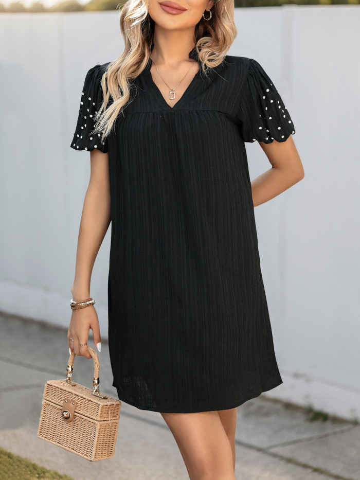 Women's Solid Color V-Neck Loose Short-Sleeved Dress