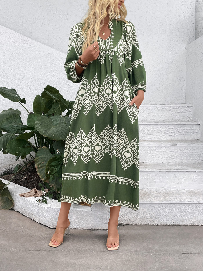Women's Ethnic Print V-Neck 3/4 Sleeve Maxi Dress