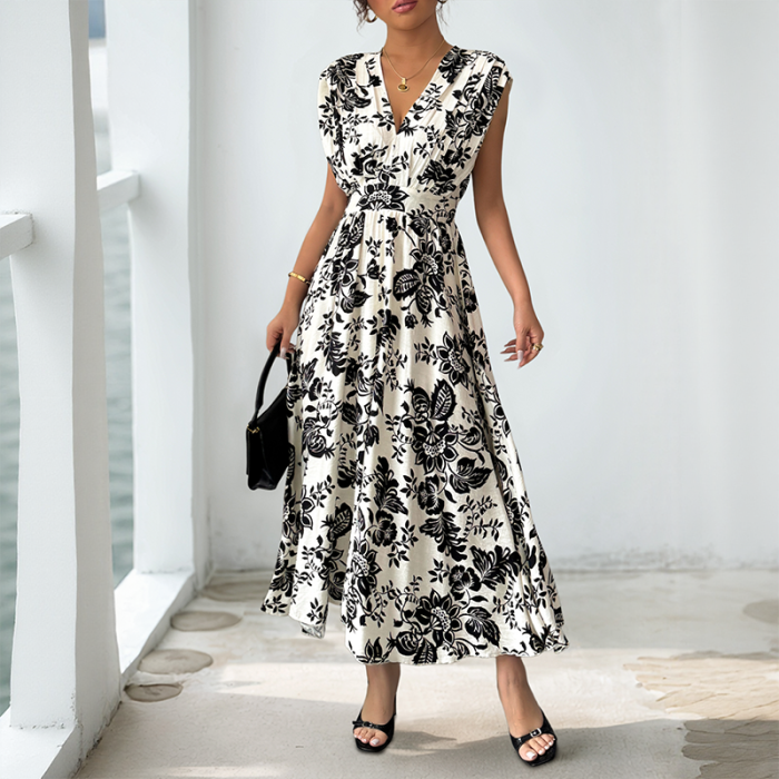 Women's Elegant Printed High Waist Maxi Dress