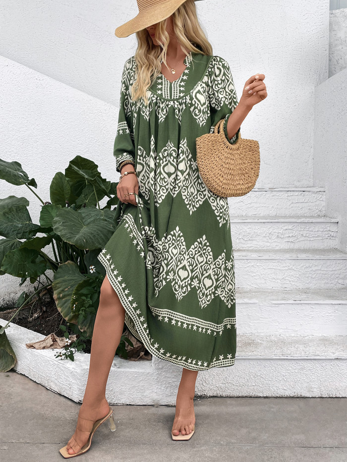 Women's Ethnic Print V-Neck 3/4 Sleeve Maxi Dress