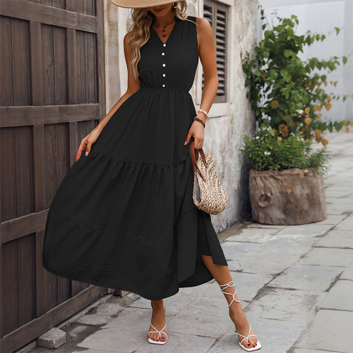Women's Solid V-Neck Sleeveless High-Waist Maxi Dress