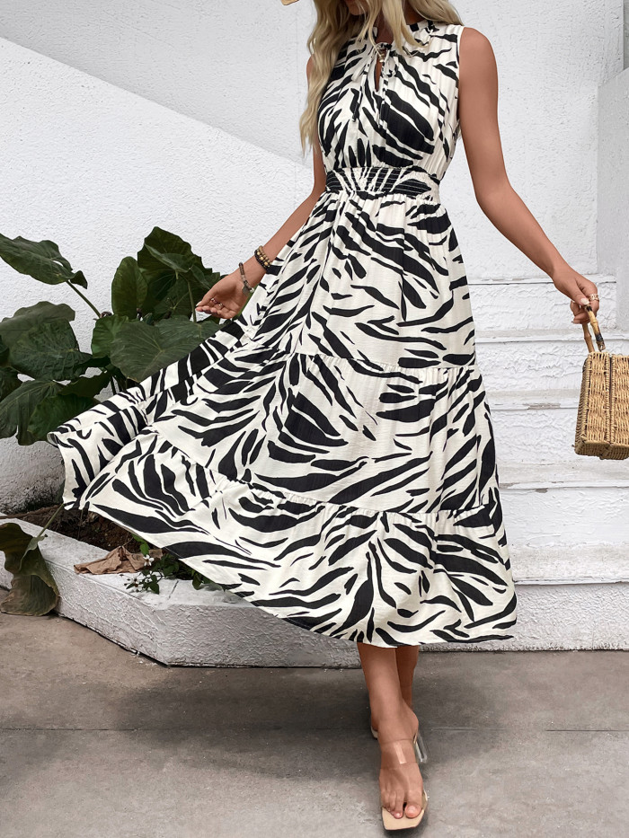 Women's Retro Printed Sleeveless V-Neck Dress