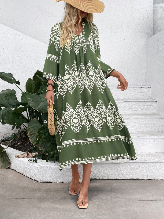 Women's Ethnic Print V-Neck 3/4 Sleeve Maxi Dress