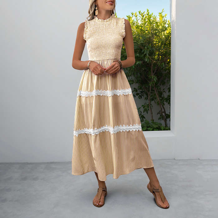 Women's Striped Chest Drawstring Casual Loose Maxi Dress