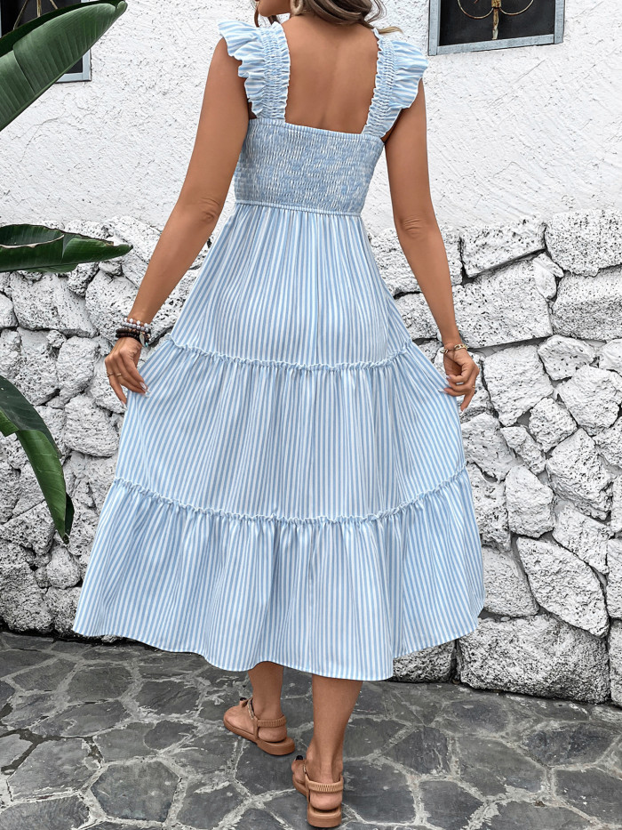 Women's Square Neck Patchwork Stripe Dress with Ruffle Sleeves