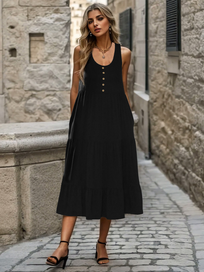 Women's Solid Color Sleeveless Casual Home Midi Dress