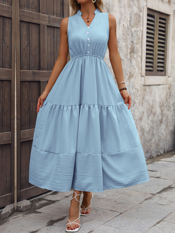 Women's Solid V-Neck Sleeveless High-Waist Maxi Dress