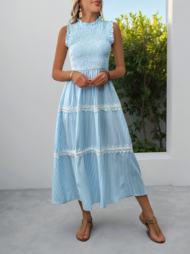 Women's Striped Chest Drawstring Casual Loose Maxi Dress