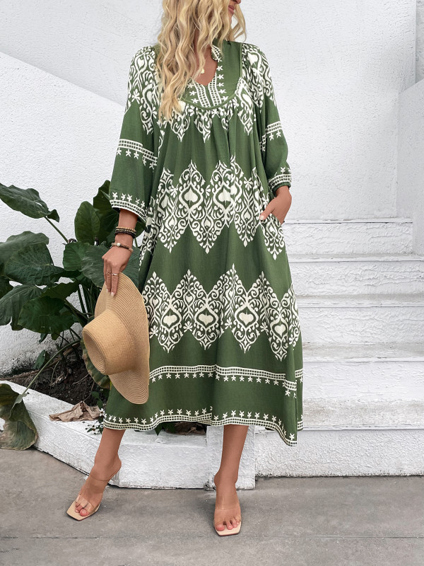 Women's Ethnic Print V-Neck 3/4 Sleeve Maxi Dress