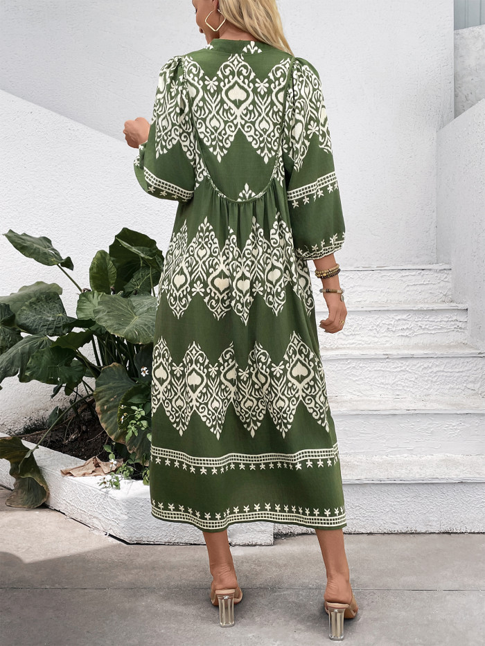 Women's Ethnic Print V-Neck 3/4 Sleeve Maxi Dress
