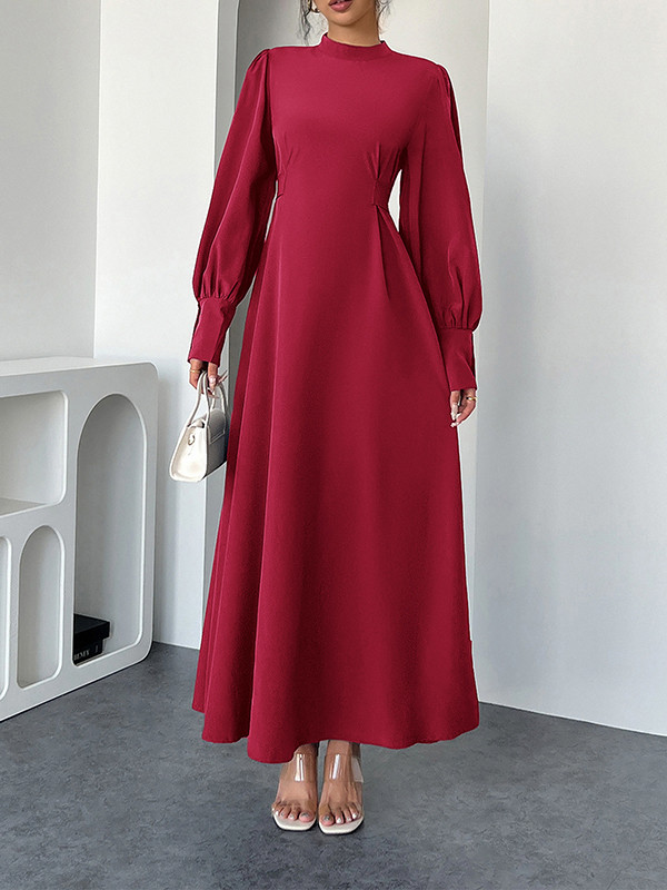 Pleated Solid Color Tied Waist A-Line High Waisted Mock Neck Maxi Dresses
