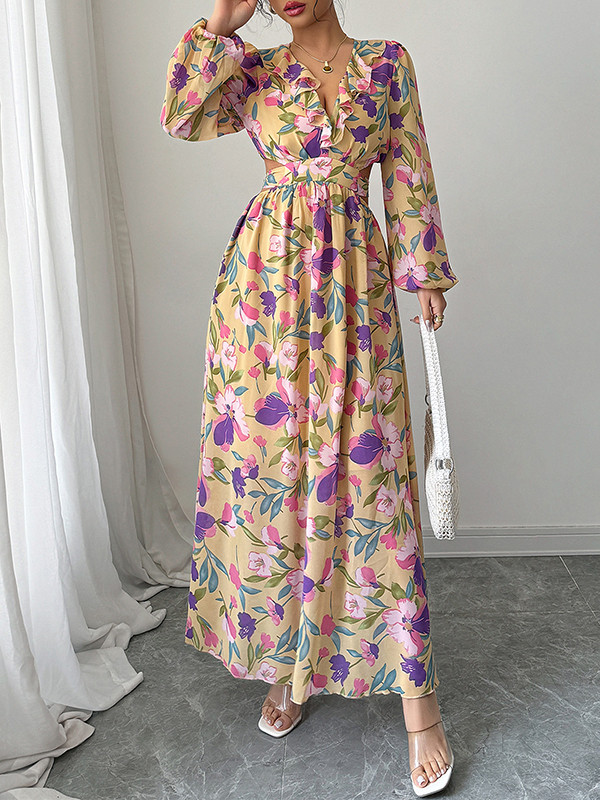 Contrast Color Elasticity Flower Print Pleated Ruffle Trim A-line Long Sleeves V-neck Maxi Dresses