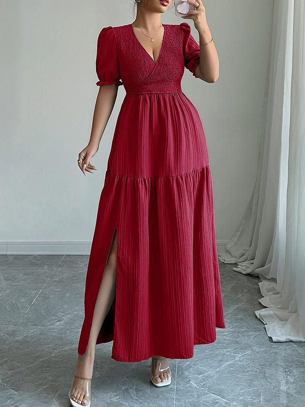 Pleated Solid Color Split-Front Half Sleeves High Waisted V-Neck Maxi Dresses