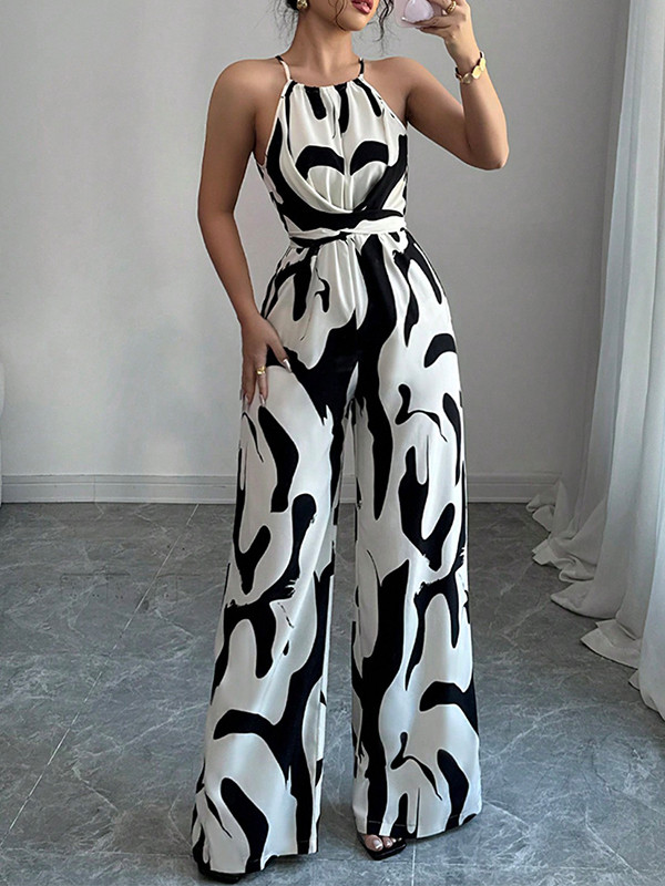 Contrast Color Pleated Loose Sleeveless Spaghetti-Neck Jumpsuits