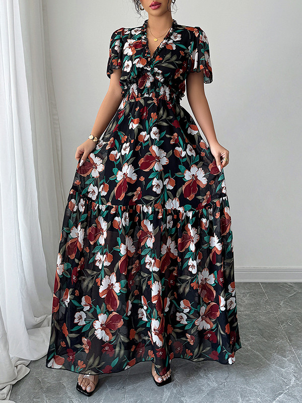 Contrast Color Elasticity Flower Print Pleated A-Line Loose V-Neck Maxi Dresses