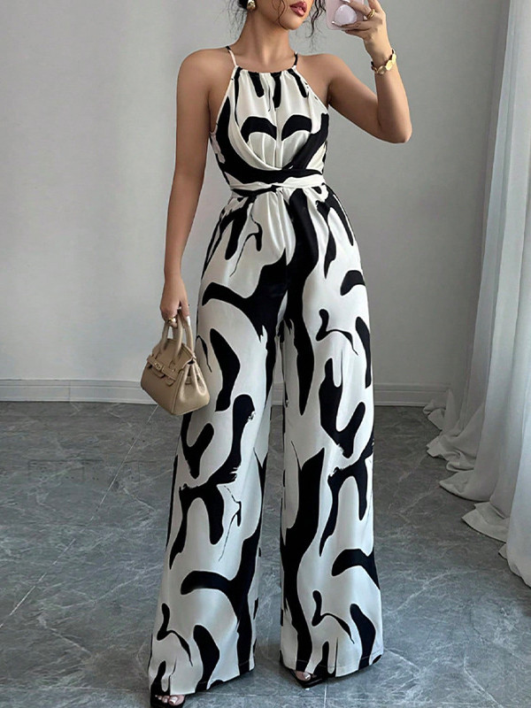 Contrast Color Pleated Loose Sleeveless Spaghetti-Neck Jumpsuits
