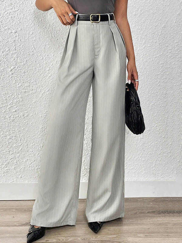 No Belt Pleated Pockets Striped High Waisted Loose Trousers Suit Pants