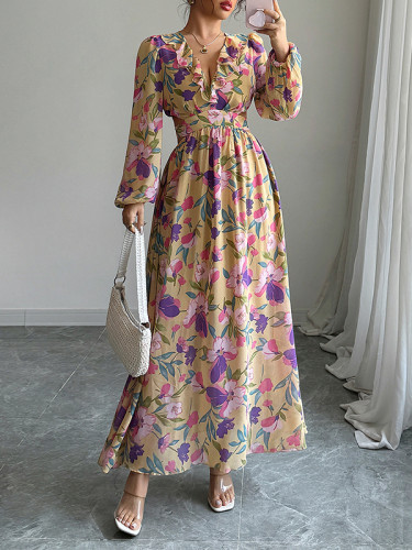 Contrast Color Elasticity Flower Print Pleated Ruffle Trim A-line Long Sleeves V-neck Maxi Dresses
