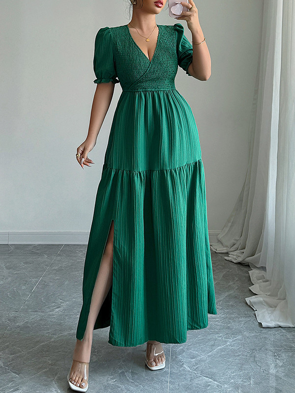 Pleated Solid Color Split-Front Half Sleeves High Waisted V-Neck Maxi Dresses