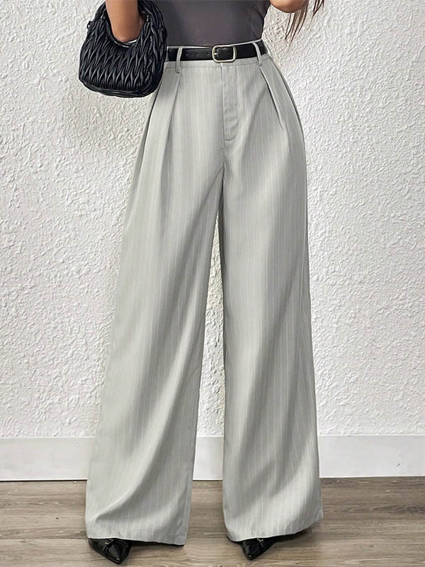 No Belt Pleated Pockets Striped High Waisted Loose Trousers Suit Pants
