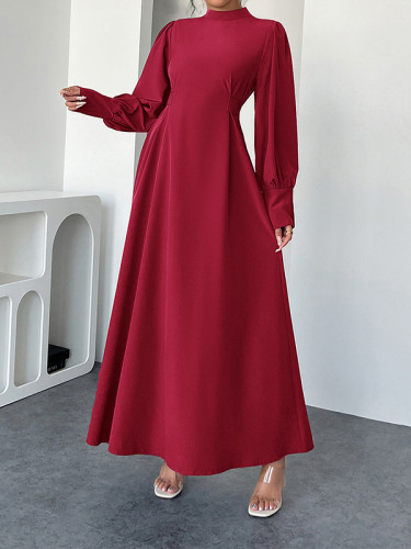 Pleated Solid Color Tied Waist A-Line High Waisted Mock Neck Maxi Dresses
