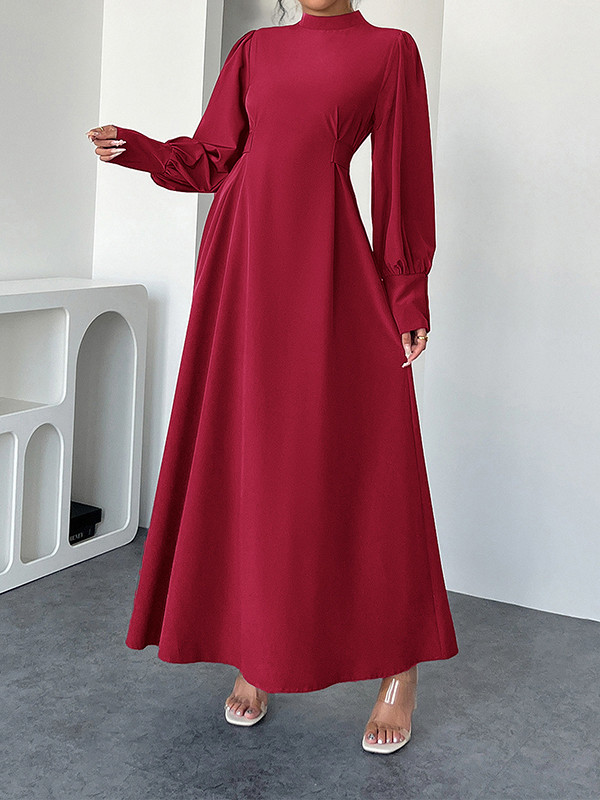 Pleated Solid Color Tied Waist A-Line High Waisted Mock Neck Maxi Dresses