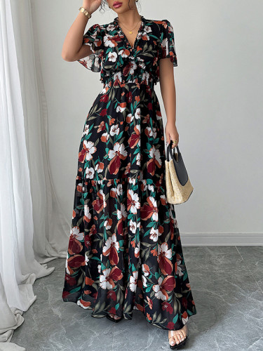 Contrast Color Elasticity Flower Print Pleated A-Line Loose V-Neck Maxi Dresses