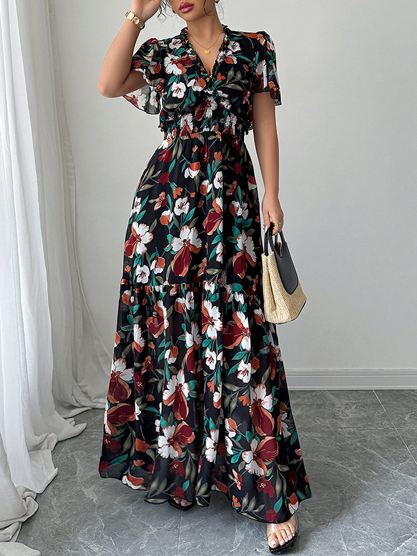 Contrast Color Elasticity Flower Print Pleated A-Line Loose V-Neck Maxi Dresses