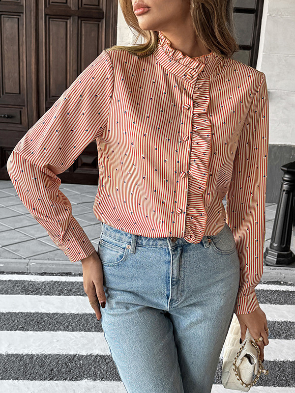 Buttoned Ruffle Trim Striped Long Sleeves Loose Mock Neck Blouses&Shirts Tops