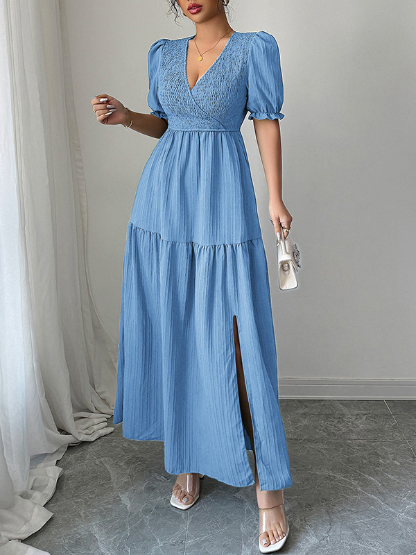 Pleated Solid Color Split-Front Half Sleeves High Waisted V-Neck Maxi Dresses