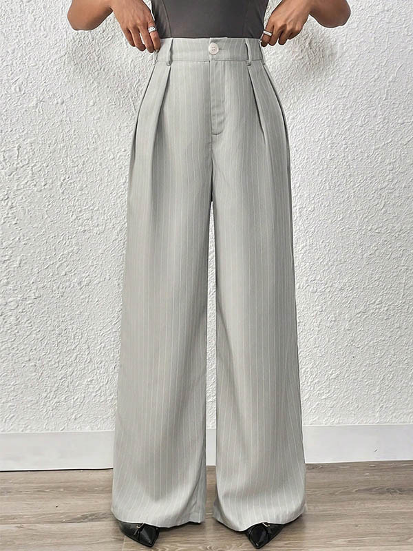 No Belt Pleated Pockets Striped High Waisted Loose Trousers Suit Pants