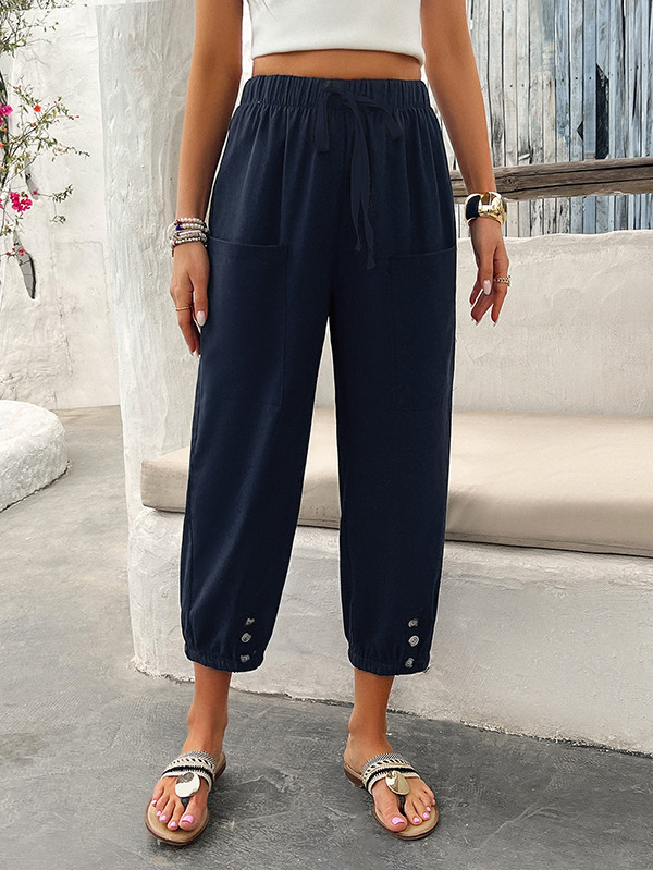 Drawstring Elasticity Pleated Pockets Solid Color Loose Trousers Ninth Pants