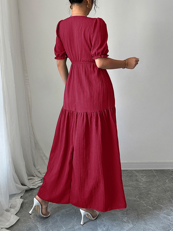 Pleated Solid Color Split-Front Half Sleeves High Waisted V-Neck Maxi Dresses