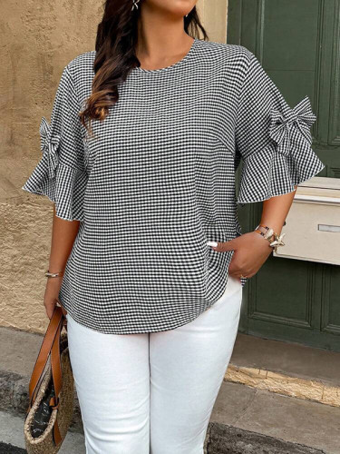 Bowknot Hollow Plaid Pleated Split-Joint Loose Half Sleeves Round-neck Blouses&shirts Tops