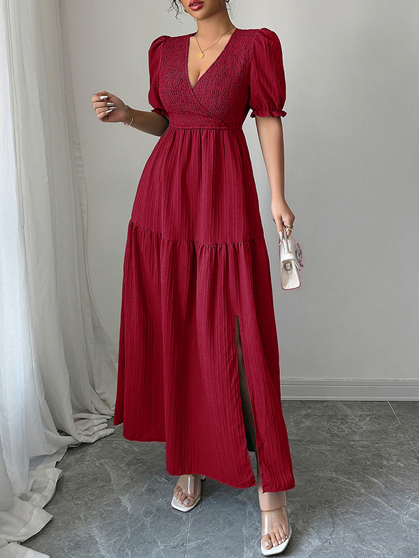 Pleated Solid Color Split-Front Half Sleeves High Waisted V-Neck Maxi Dresses