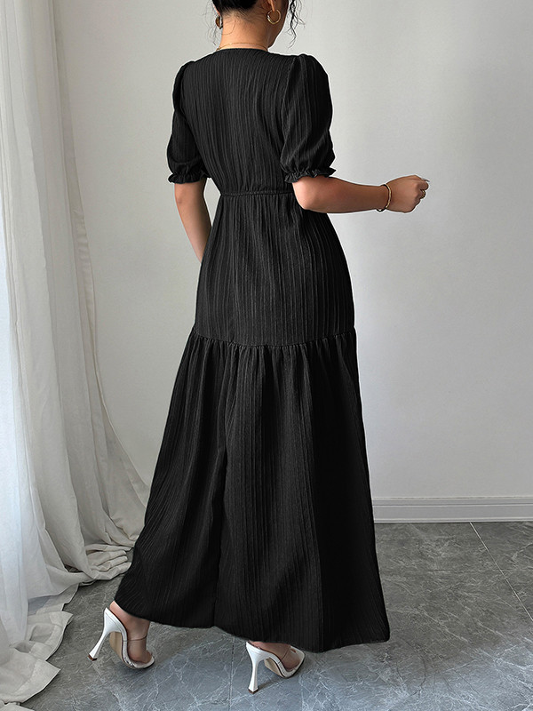 Pleated Solid Color Split-Front Half Sleeves High Waisted V-Neck Maxi Dresses