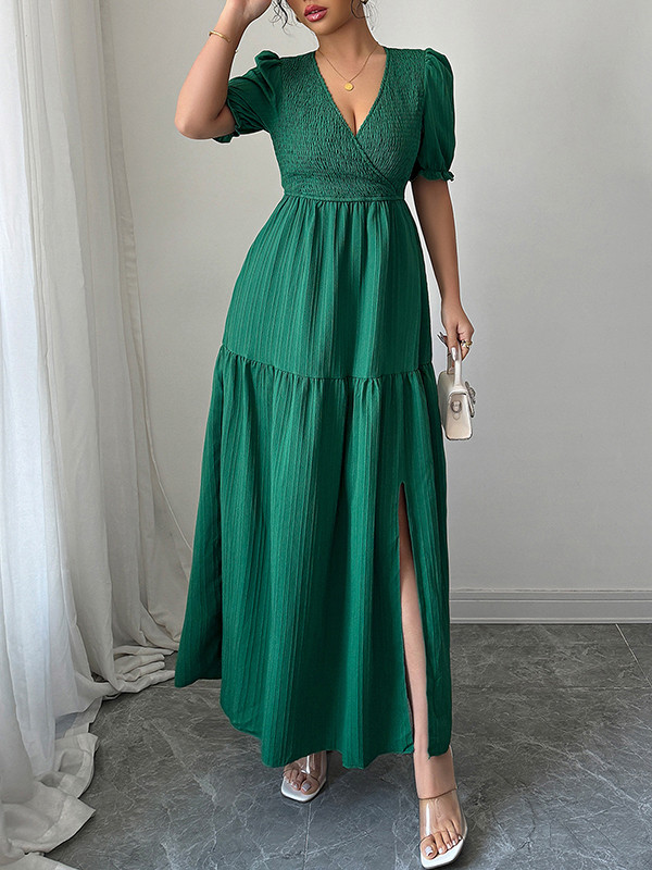 Pleated Solid Color Split-Front Half Sleeves High Waisted V-Neck Maxi Dresses