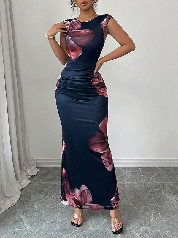 Contrast Color Flower Print Bodycon Sleeveless Round-Neck Maxi Dresses