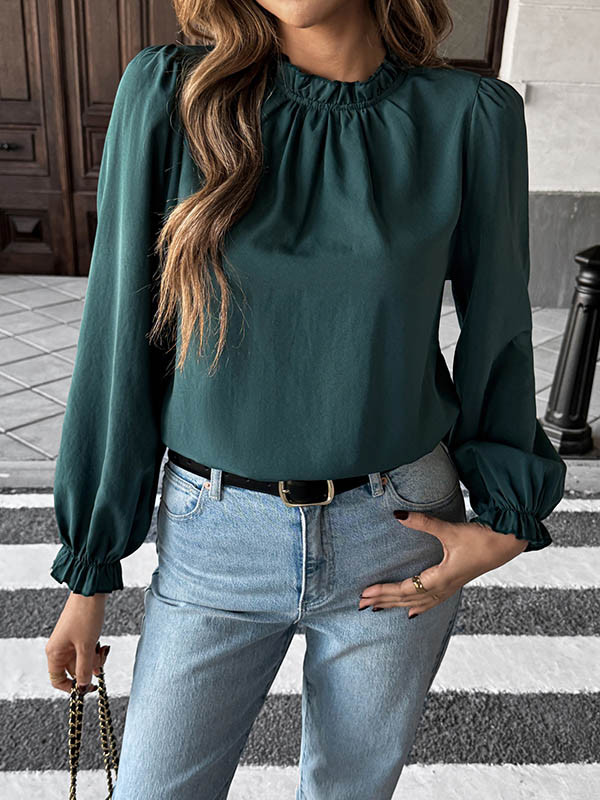 Elasticity Pleated Ruffle Trim Solid Color Long Sleeves Loose Mock Neck Blouses&Shirts Tops