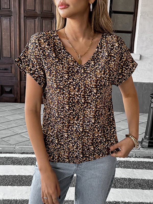 Contrast Color Loose Short Sleeves V-Neck Blouses&Shirts Tops
