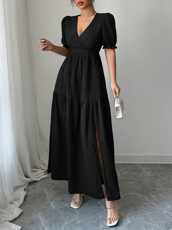 Pleated Solid Color Split-Front Half Sleeves High Waisted V-Neck Maxi Dresses