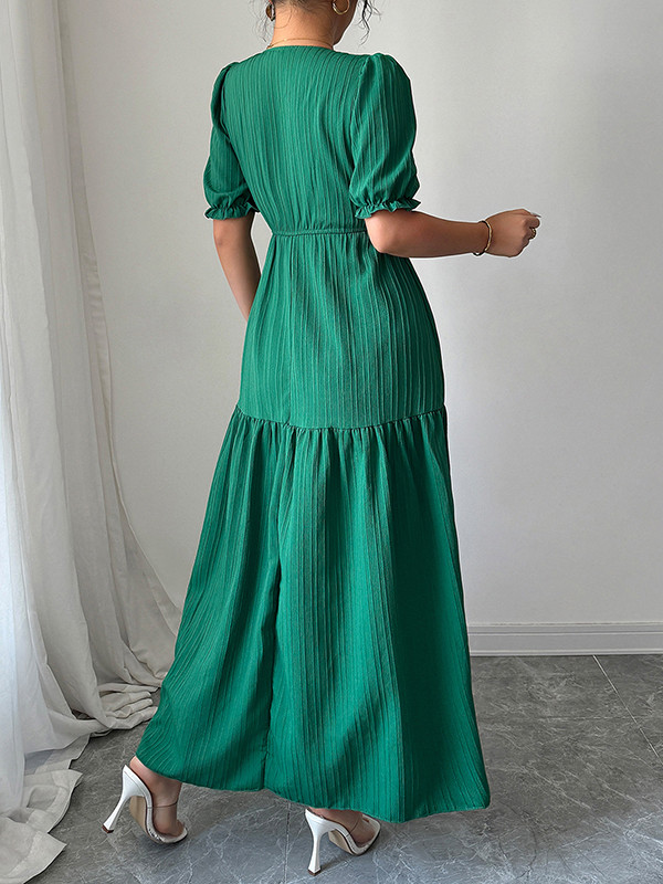 Pleated Solid Color Split-Front Half Sleeves High Waisted V-Neck Maxi Dresses