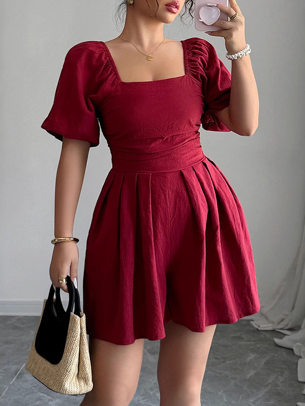 Elasticity Pleated Solid Color A-Line Half Sleeves Square-Neck Rompers