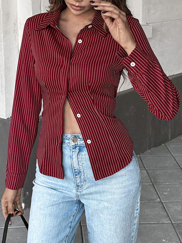 Buttoned Contrast Color Striped Long Sleeves Skinny Lapel Blouses&Shirts Tops